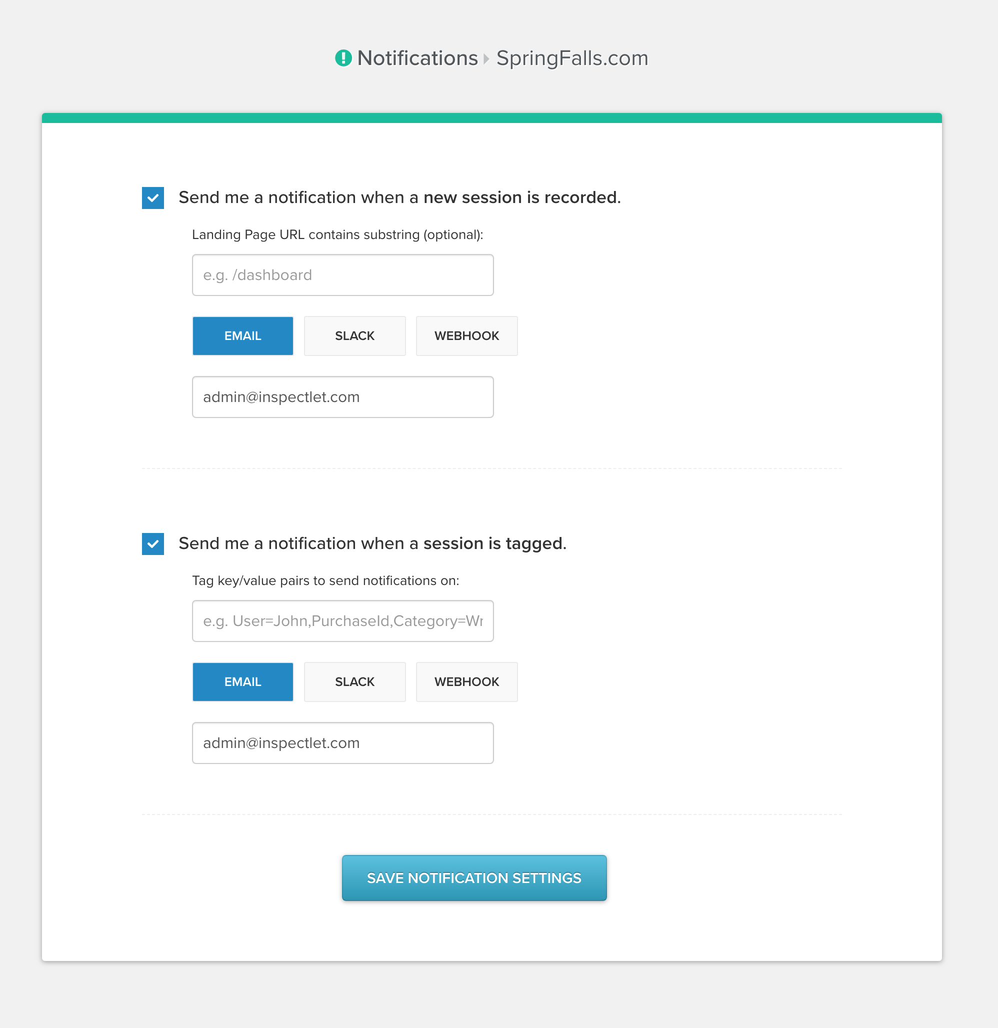 Inspectlet notifications configuration panel